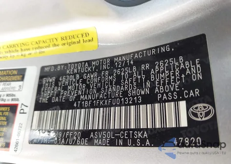 2015 Toyota Camry Se z USA, uszkodzony, nr VIN 4T1BF1FKXFU013213